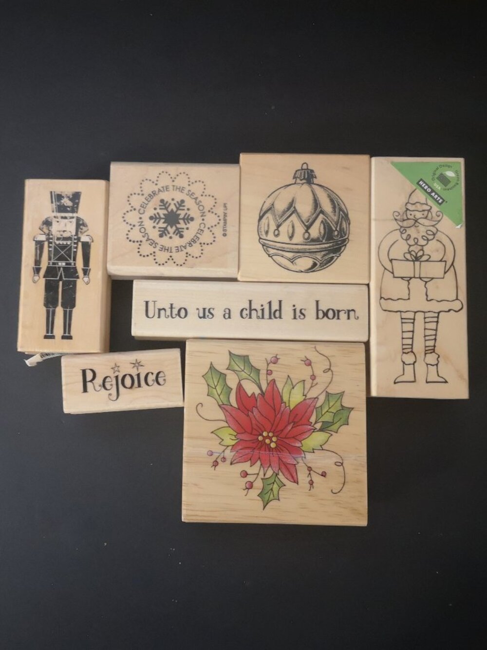 Lot of 7 Wood Mounted Rubber Stamps Christmas / Holiday Themed New/Used (Lot #3)